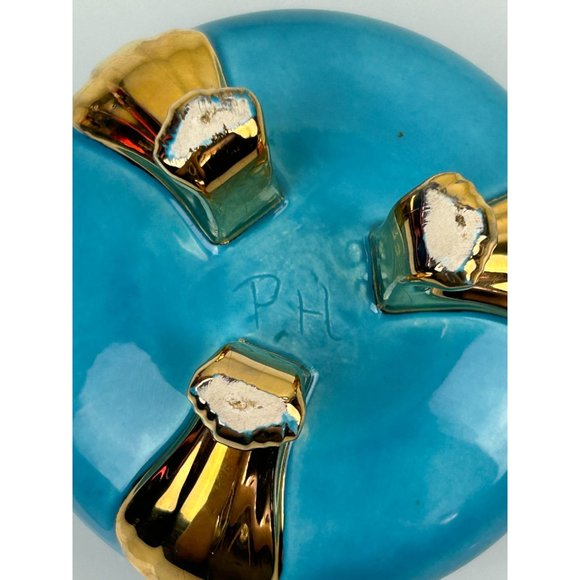 Vintage Ceramic Footed Trinket Box w/ Lid, Blue Floral PH Signed Mid-Century - Picture 13 of 13